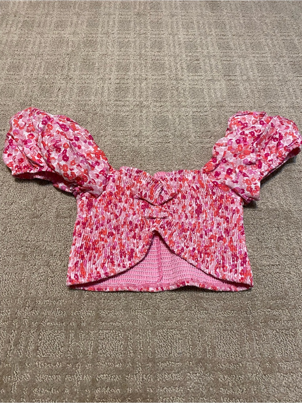 {Peixoto} Enzo Smocked Floral Puff Sleeve Cropped Top | Pink ~ Size Small